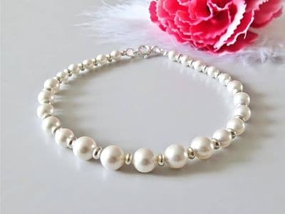 Graduated White Pearls & Sterling Silver Beads Bridal Bracelet