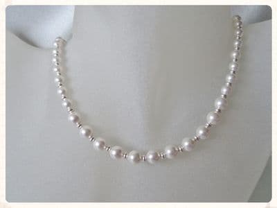 Graduated White Pearls & Sterling Silver Bridal Necklace