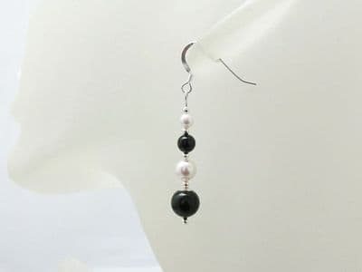 Graduating Black & White Pearls & Sterling Silver Earrings