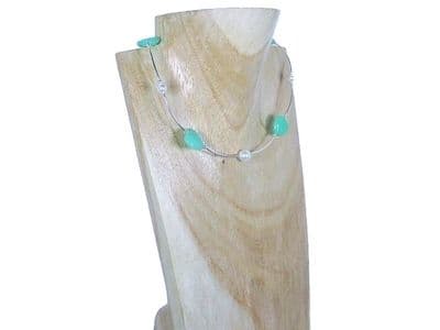 Green Aventurine Hearts, White Pearls & Sterling Silver Necklace