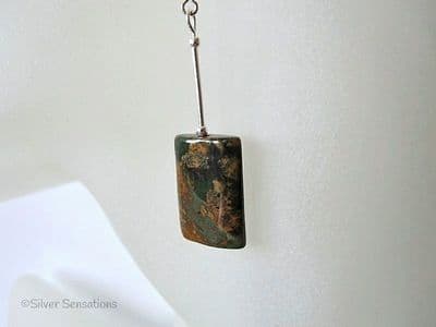 Green & Brown Rainbow Agate Oblongs & Sterling Silver Tubes Earrings