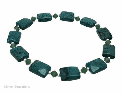 Green Chrysocolla Jasper, Swarovski Crystals & Sterling Silver Beaded Bracelet