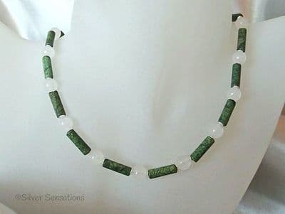 Green Chrysocolla Jasper Tubes & White Jade Sterling Silver Necklace