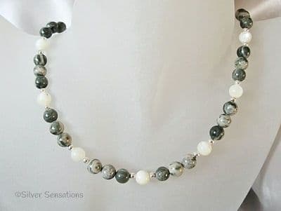 Green & Cream Alpine Agate & Ivory Cream Mother of Pearl Sterling Silver Necklace