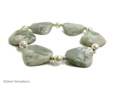 Green & Cream Peace Jade Bracelet With Twisted ''Diamonds