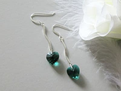Green Crystal Heart Earrings With Solid Sterling Silver Curved Bars
