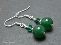 Green Onyx, Austrian Crystals & Sterling Silver Short Drop Earrings | Silver Sensations