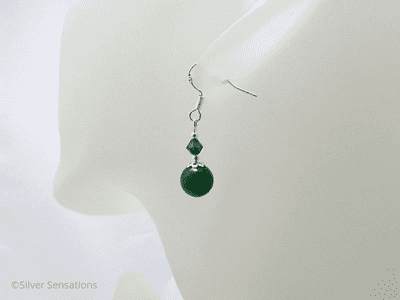 Green Onyx, Austrian Made Crystals & Sterling Silver Short Drop Earrings