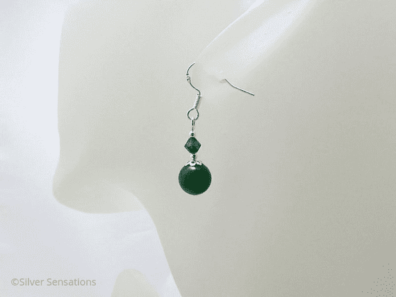 Green Onyx, Austrian Crystals & Sterling Silver Short Drop Earrings | Silver Sensations
