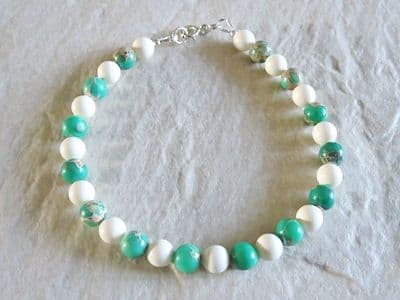 Green Sea Sediment Impression Jasper Bracelet With Cream Pearls