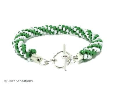 Green & White Stripe Kumihimo Seed Bead Bracelet