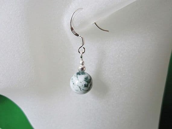 Green and White Tree Agate Earrings | 21mm Handmade Sterling Silver Jewellery