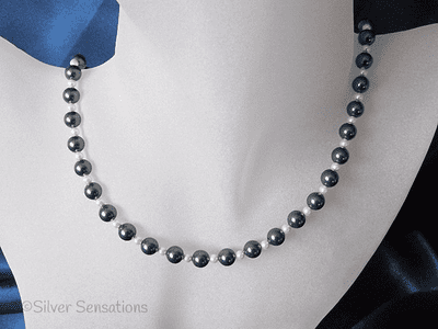 Grey Black Hematite & White Swarovski Pearls Sterling Silver Necklace