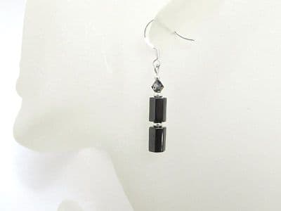 Hematite 6 Sided Tubes, Swarovski Crystals & Sterling Silver Drop Earrings
