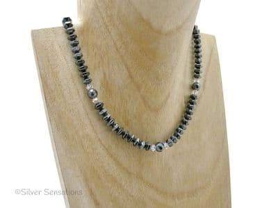 Hematite Bicones & Austrian Made AB Rainbow Crystals Sterling Silver Necklace