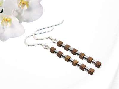Hematite Bronze Cubes & Silver Tubes Sterling Silver Slimline Earrings