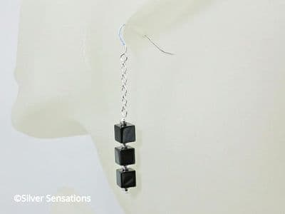 Hematite Cube Beads & Sterling Silver Chain Earrings