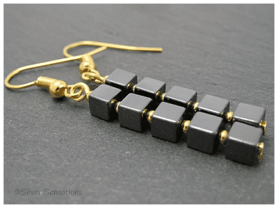 Hematite Cubes & Gold Plated Beaded Dangly Fashion Earrings