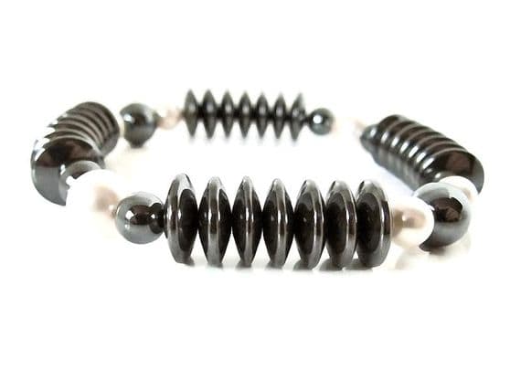 Hematite Disc Beads & White Austrian Made Pearls Bracelet | Silver Sensations