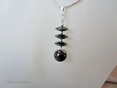 Hematite Discs, Round Bead & Sterling Silver Pendant