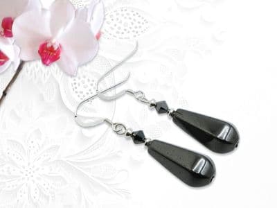 Hematite Gemstone Drops, Black Crystals & Sterling Silver Earrings