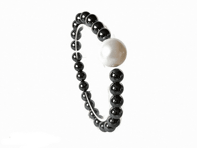 Hematite & Large White Shell Pearl Beaded Stretch Bracelet