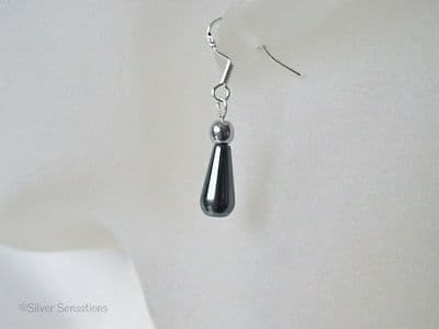 Hematite Small Tear Drop & Silver Hematite & Sterling Silver Dainty Earrings