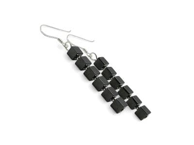 Hematite Square Cubes Stack & Sterlng Silver Drop Earrings