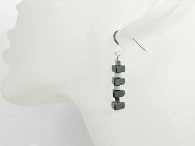 Hematite Triangles & Silver Plated Hematite Cube Beads Sterling Silver Earrings