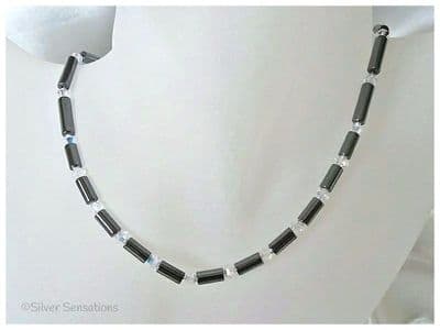 Hematite Tubes & Sparkly Austrian Made AB Rainbow Crystals Sterling Silver Necklace