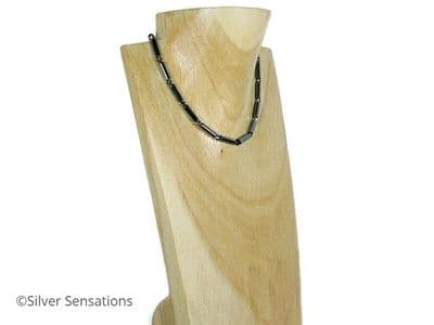 Hematite Tubes & Swarovski Crystals Sterling Silver Slim Necklace