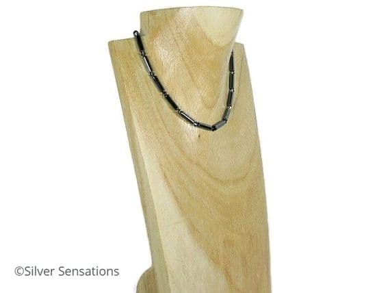 Handmade Slim Hematite Tube & Swarovski Crystal Necklace – Sterling Silver, 17.75