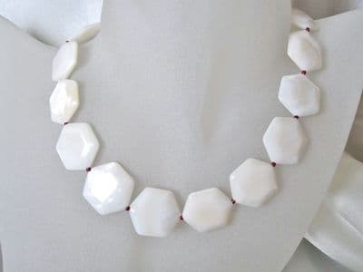 Hexagonal White River Shell & Dark Red Bead Sterling Silver Necklace