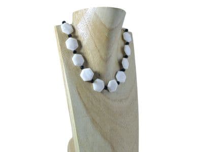 Hexagonal White River Shell & Faceted Black Crystal Necklace