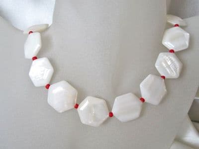 Hexagonal White River Shell & Red Bead Sterling Silver Necklace