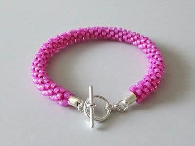 Hot Bright Neon Pink Beaded & Woven Kumihimo Seed Bead Bracelet