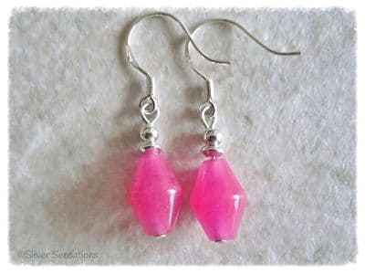 Hot Fuchsia Pink Jade Bicones Short Drop Sterling Silver Earrings