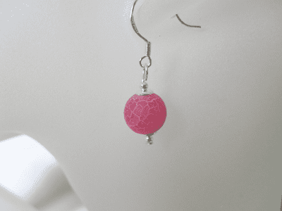Hot Fucshia Pink Frosted Cracked Agate & Sterling Silver Earrings
