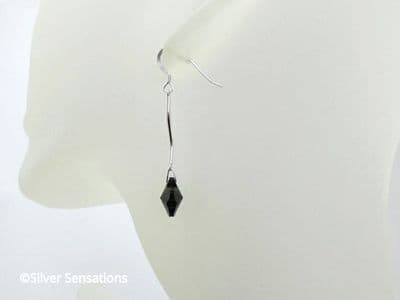 Jet Black Premium Crystal Flowers & Solid Sterling Silver Curved Bar Earrings