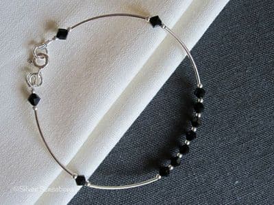 Jet Black Premium Crystals Designer Bracelet With Sterling Silver Curve Tubes