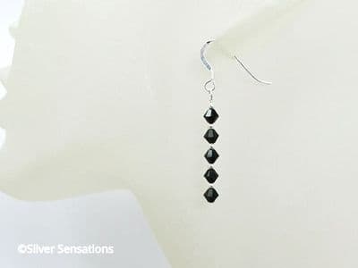 Jet Black Premium Crystals & Sterling Silver Slim Drop Earrings