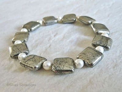 Khaki Pyrite Flat Squares & Cream Austrian Made Pearls Beaded Bracelet
