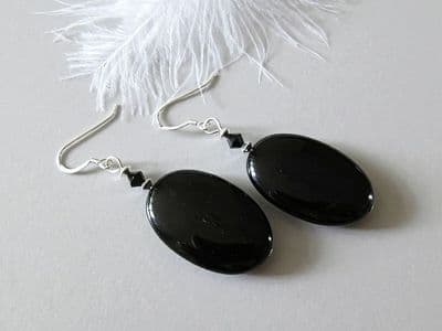 Large Black Agate  Flat Oval Earrings With Crystals & Sterling Silver