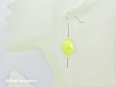 Lemon Yellow Olive Jade Faceted Coins, Rounds & Sterling Silver Tubes Drop Earrings