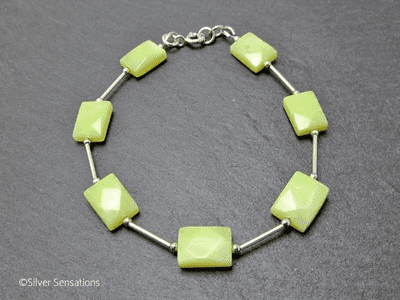 Lemon Yellow Olive Jade Faceted Oblongs & Sterling Silver Bracelet