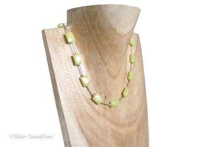 Lemon Yellow Olive Jade Faceted Oblongs & Sterling Silver Tubes Necklace