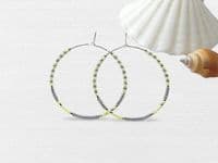Lemon Yellow, Pastel Grey & Silver Seed Beads Boho Hoop Earrings | Miyuki Delica Handmade Earrings | Silver Sensations