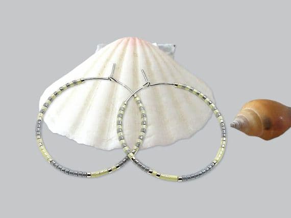 Lemon Yellow, Pastel Grey & Silver Seed Beads Boho Hoop Earrings | Miyuki Delica Handmade Earrings | Silver Sensations
