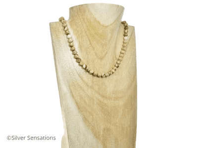 Light Brown Picture Jasper Round Bead Sterling Silver Necklace