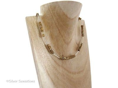 Light Brown Picture Jasper Square Cubes & Sterling Silver Necklace